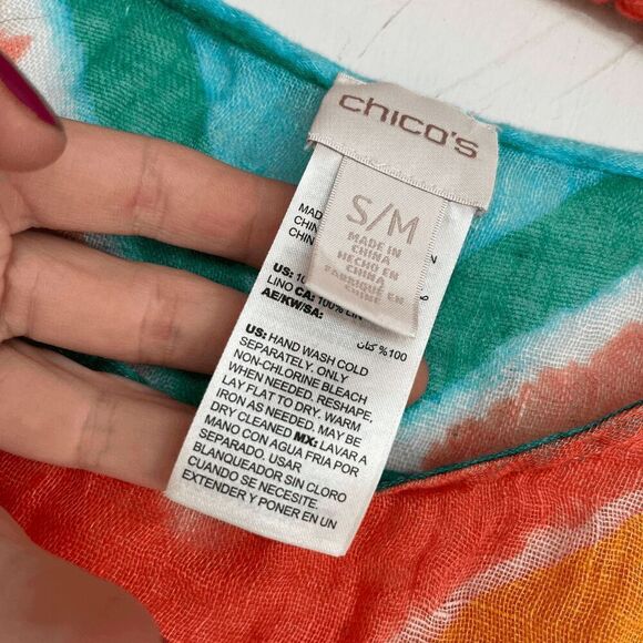 Chico’s Linen Poncho Top S/M OS Chevron Teal Coral Beachy Oversized Flowy - Picture 8 of 8